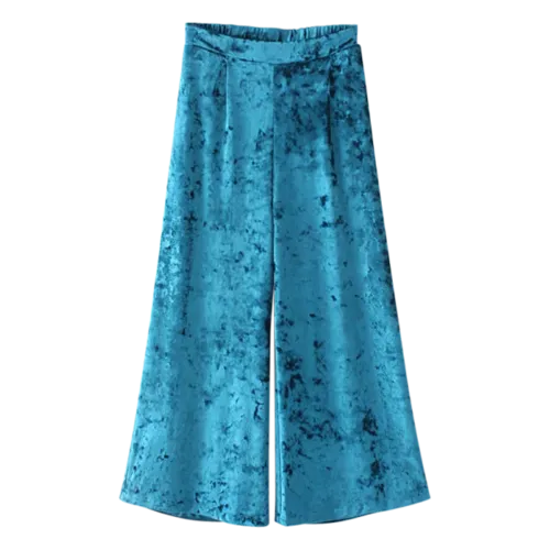 Elastic Waist Wide Leg Velvet Culotte Pants - Peacock Blue M