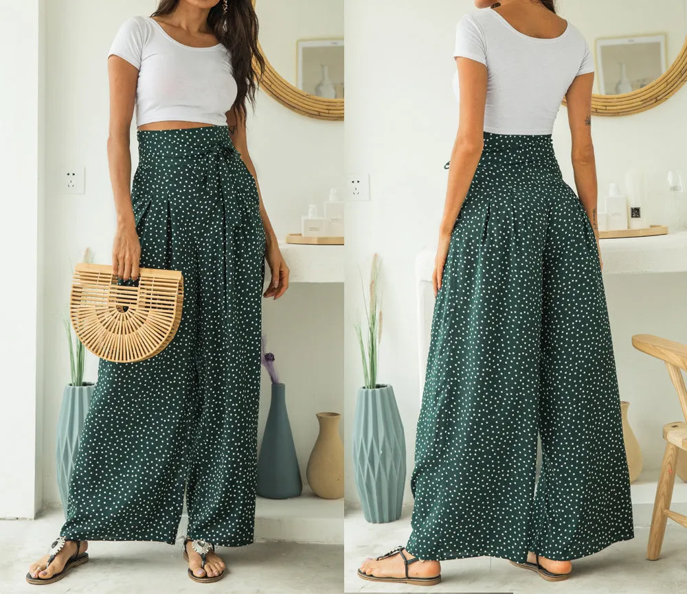 Fashion Printed Wavelet Point Casual Loose Straps Bow Wide Leg Pants
