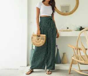 Fashion Printed Wavelet Point Casual Loose Straps Bow Wide Leg Pants
