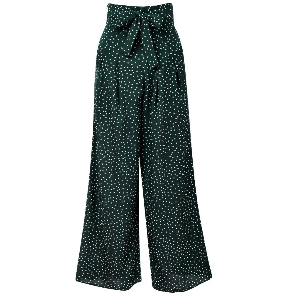 Fashion Printed Wavelet Point Casual Loose Straps Bow Wide Leg Pants