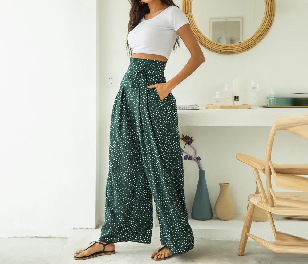 Fashion Printed Wavelet Point Casual Loose Straps Bow Wide Leg Pants