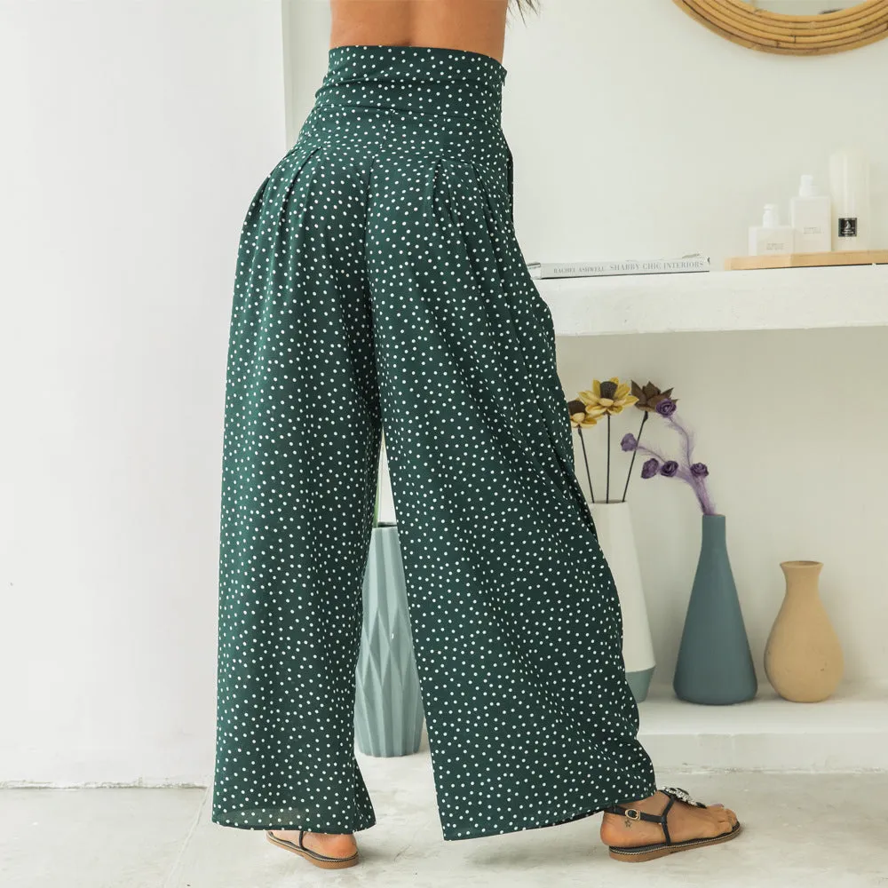 Fashion Printed Wavelet Point Casual Loose Straps Bow Wide Leg Pants
