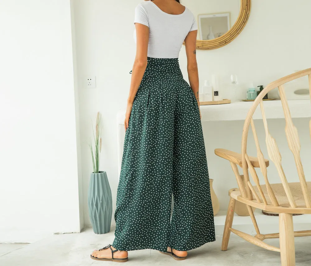Fashion Printed Wavelet Point Casual Loose Straps Bow Wide Leg Pants