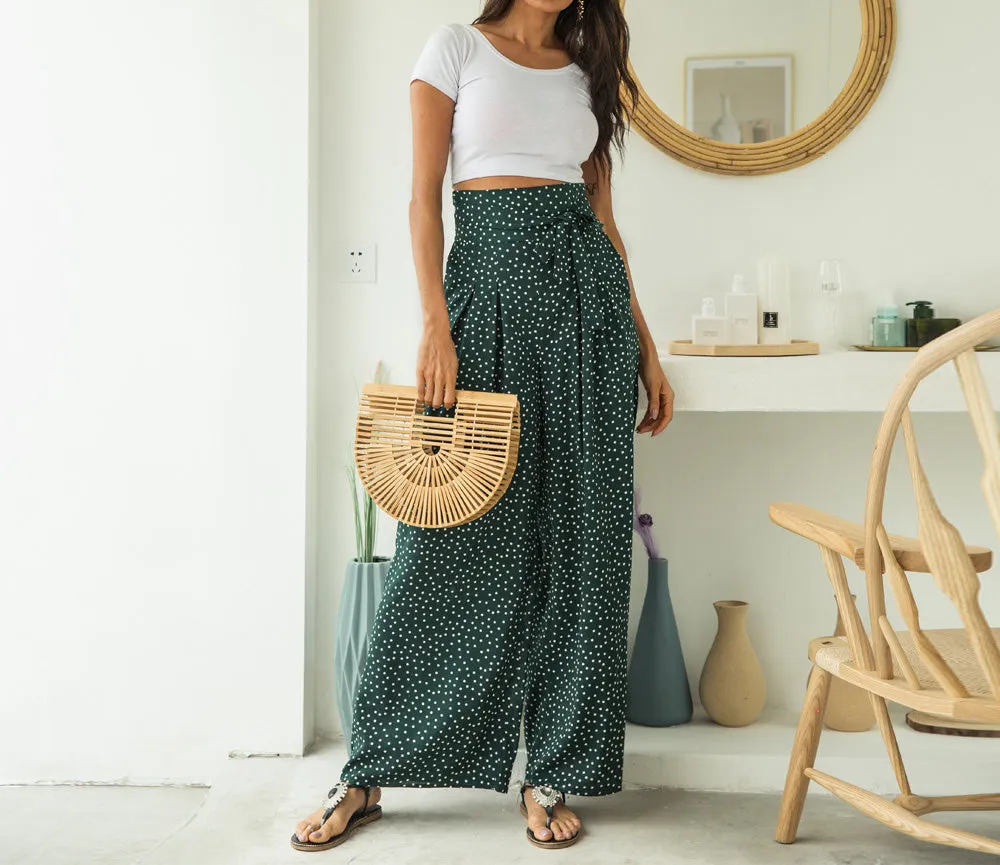 Fashion Printed Wavelet Point Casual Loose Straps Bow Wide Leg Pants