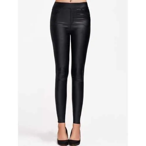 Faux Leather Elastic Waist Slimming Pants - Black M