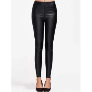 Faux Leather Elastic Waist Slimming Pants - Black M