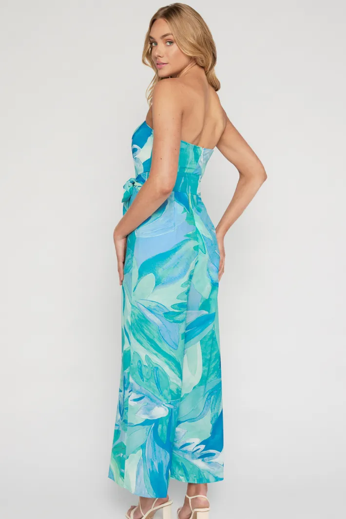 FEINA STRAPLESS JUMPSUIT - Blue Green Print