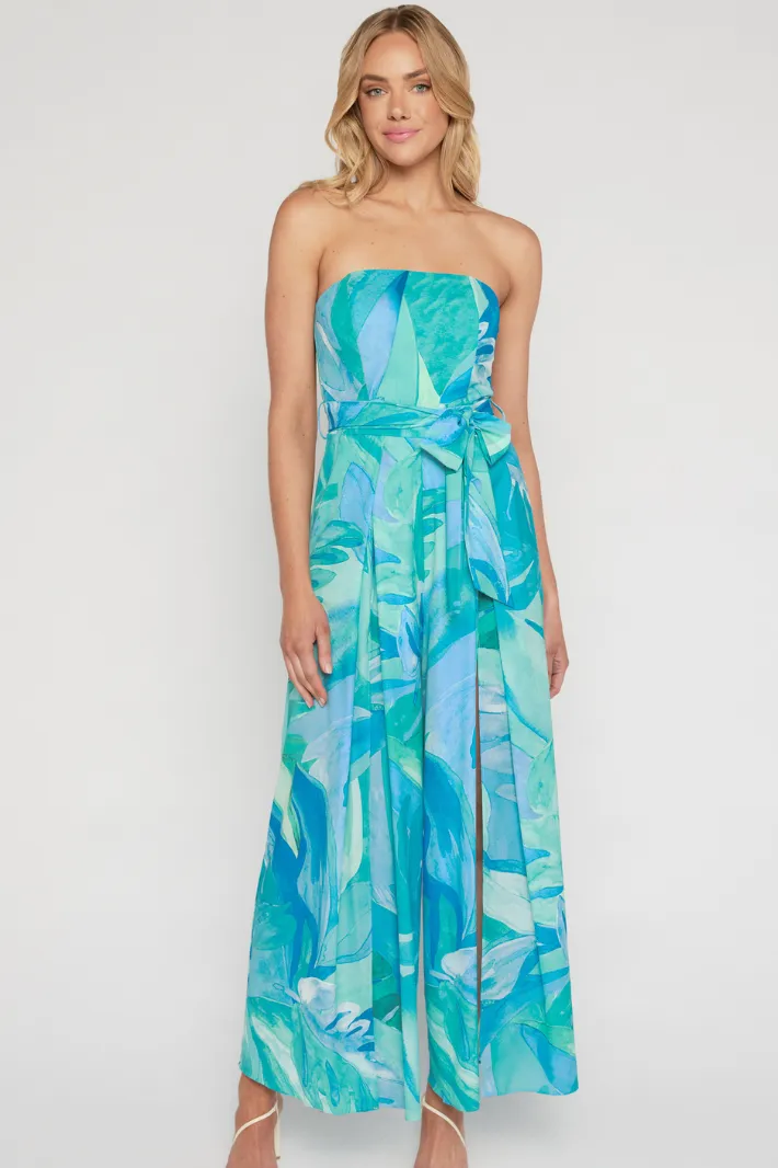 FEINA STRAPLESS JUMPSUIT - Blue Green Print