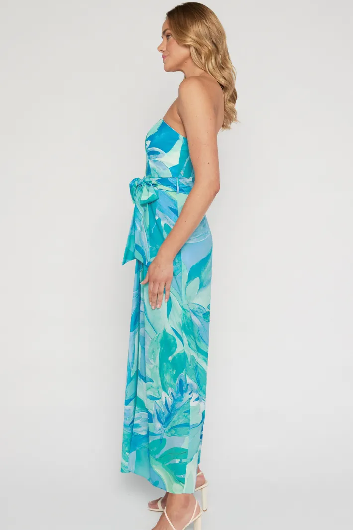 FEINA STRAPLESS JUMPSUIT - Blue Green Print