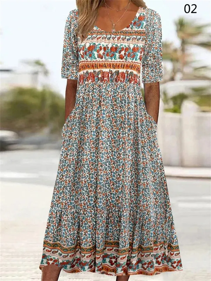 Female Short Sleeve Pullover Bohemian Printed Dress