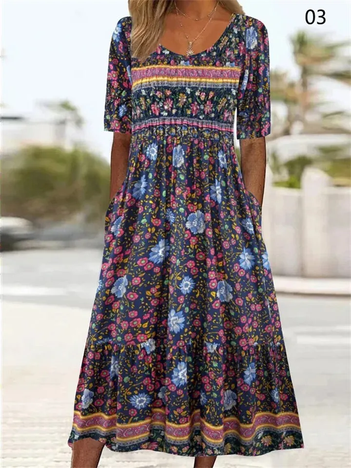 Female Short Sleeve Pullover Bohemian Printed Dress