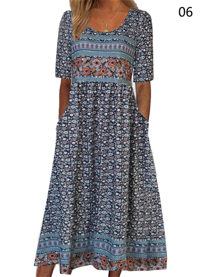 Female Short Sleeve Pullover Bohemian Printed Dress
