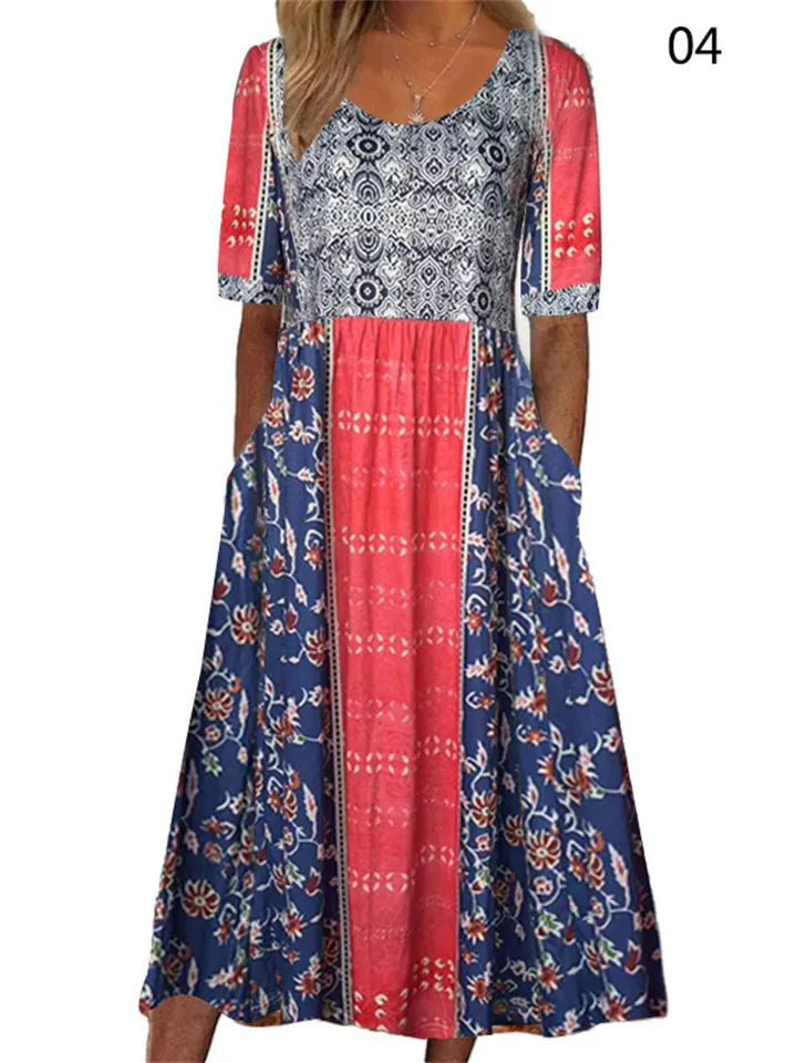 Female Short Sleeve Pullover Bohemian Printed Dress