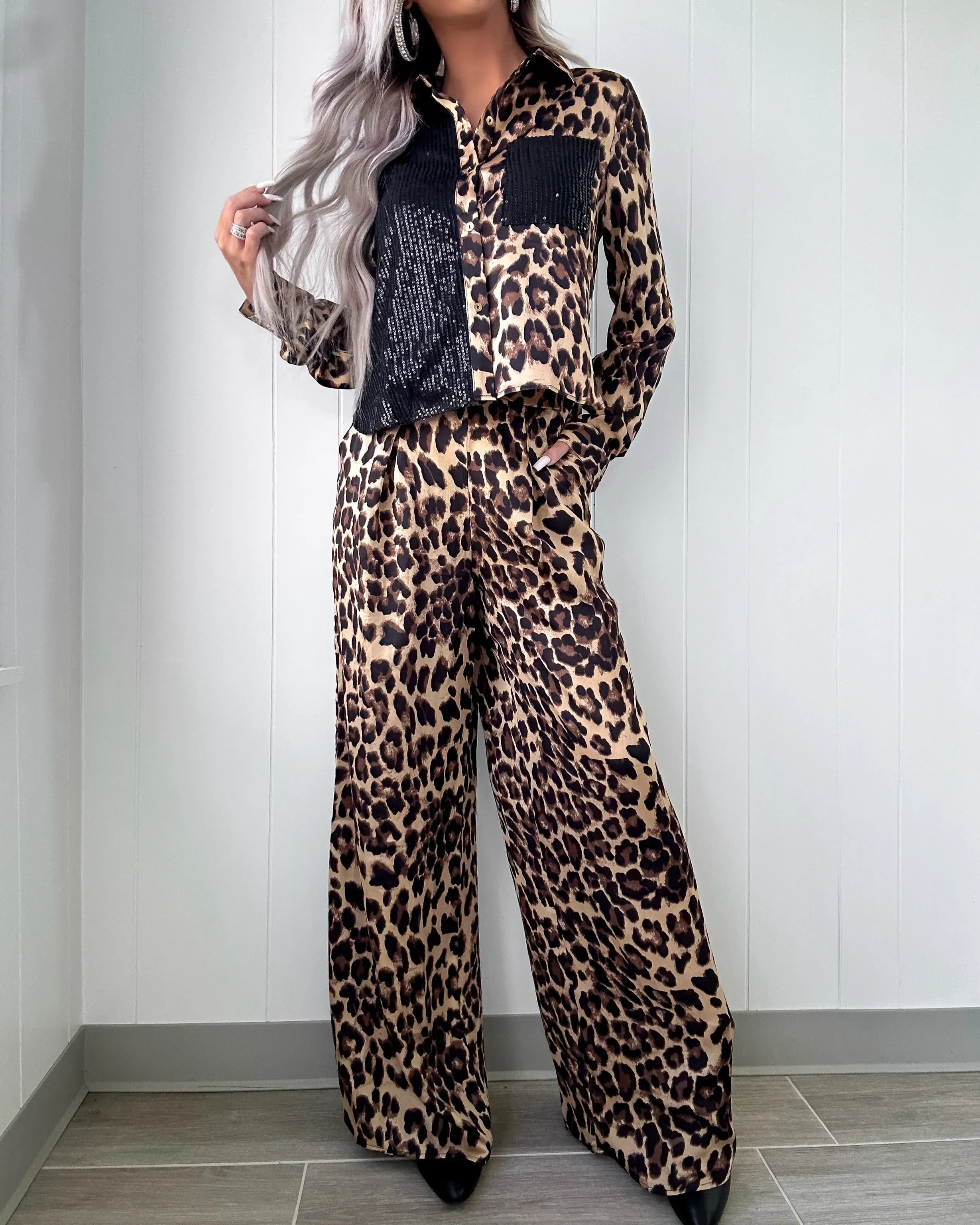 Fierce Sequin Pant Set - Leopard