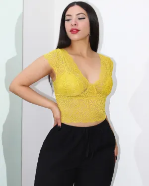 Flirting With You Lace V-neck Crop Top Yellow