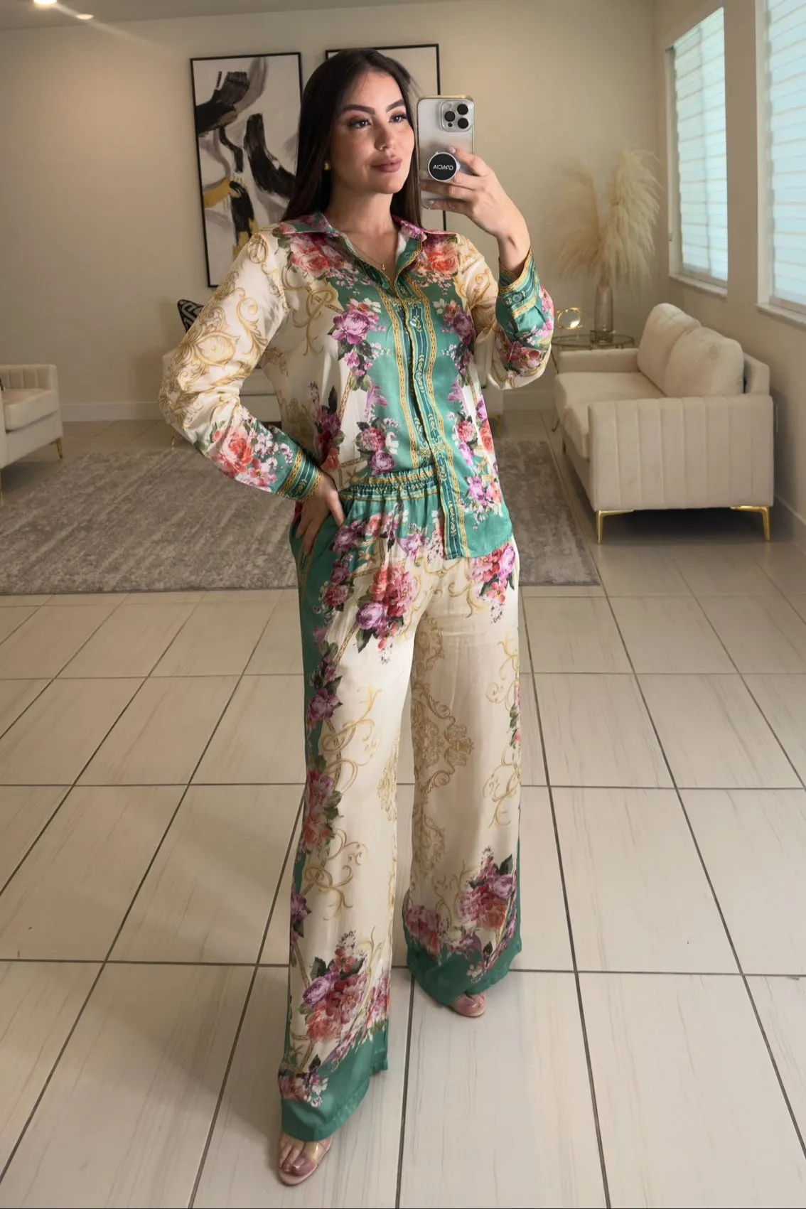 Floral Enchantment Green Pants Set