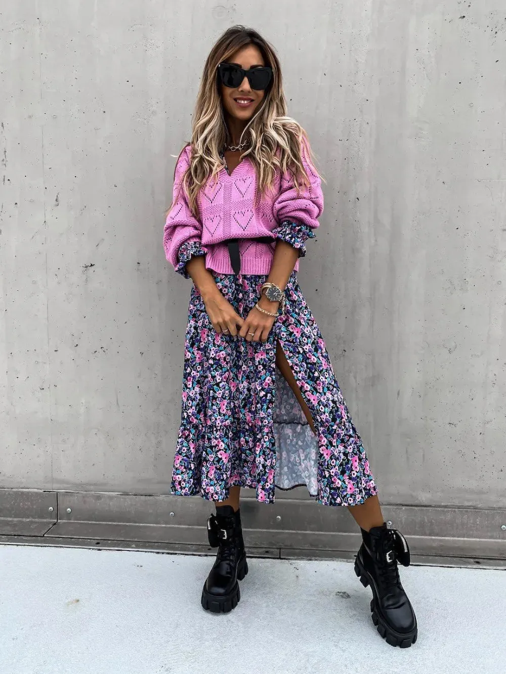 Floral Print Ankle-Length Maxi Dress with V-Neck