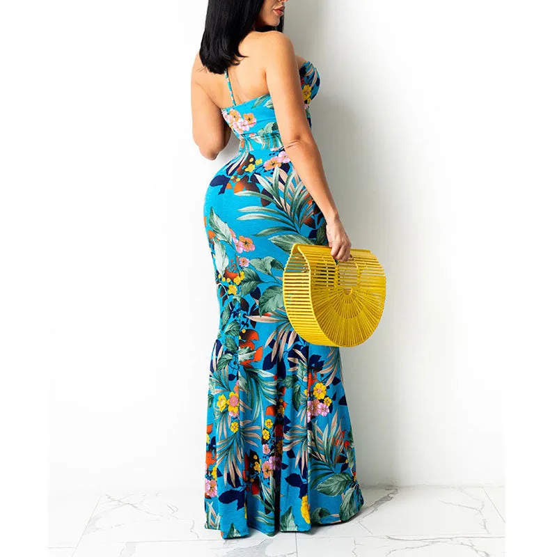 Floral Print Halter Cut Out Fishtail Dress