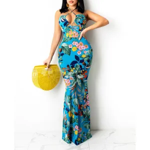 Floral Print Halter Cut Out Fishtail Dress