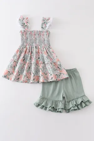 Floral print smocked girl set