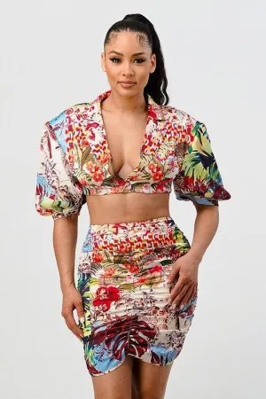 Floral print two pcs top and skirt set