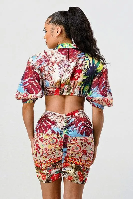 Floral print two pcs top and skirt set