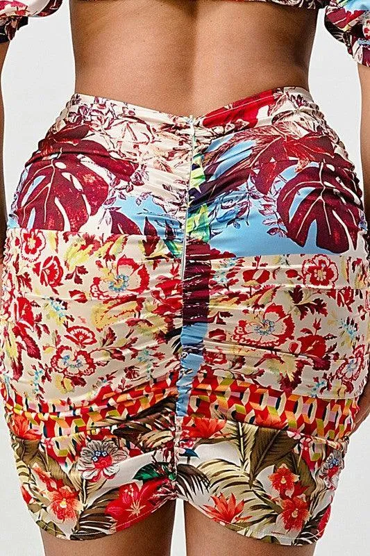 Floral print two pcs top and skirt set