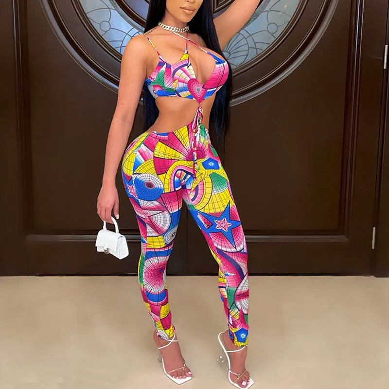 Geometric Halter Sleeveless Tied Pants Set