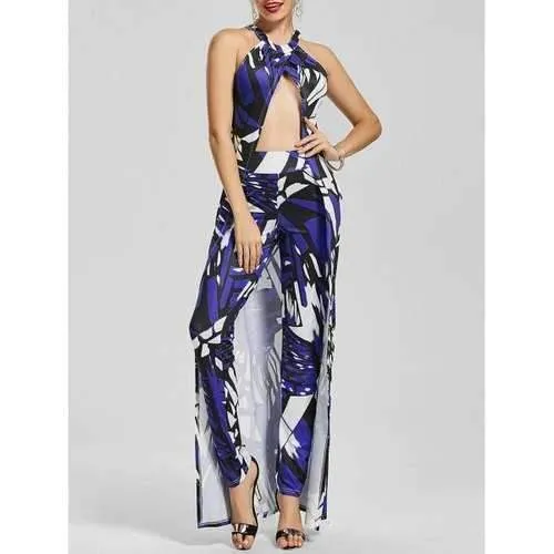 Geometric Print Halter Longline Top Tight Pants - Blue M