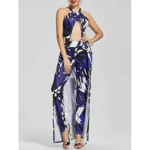 Geometric Print Halter Longline Top Tight Pants - Blue M