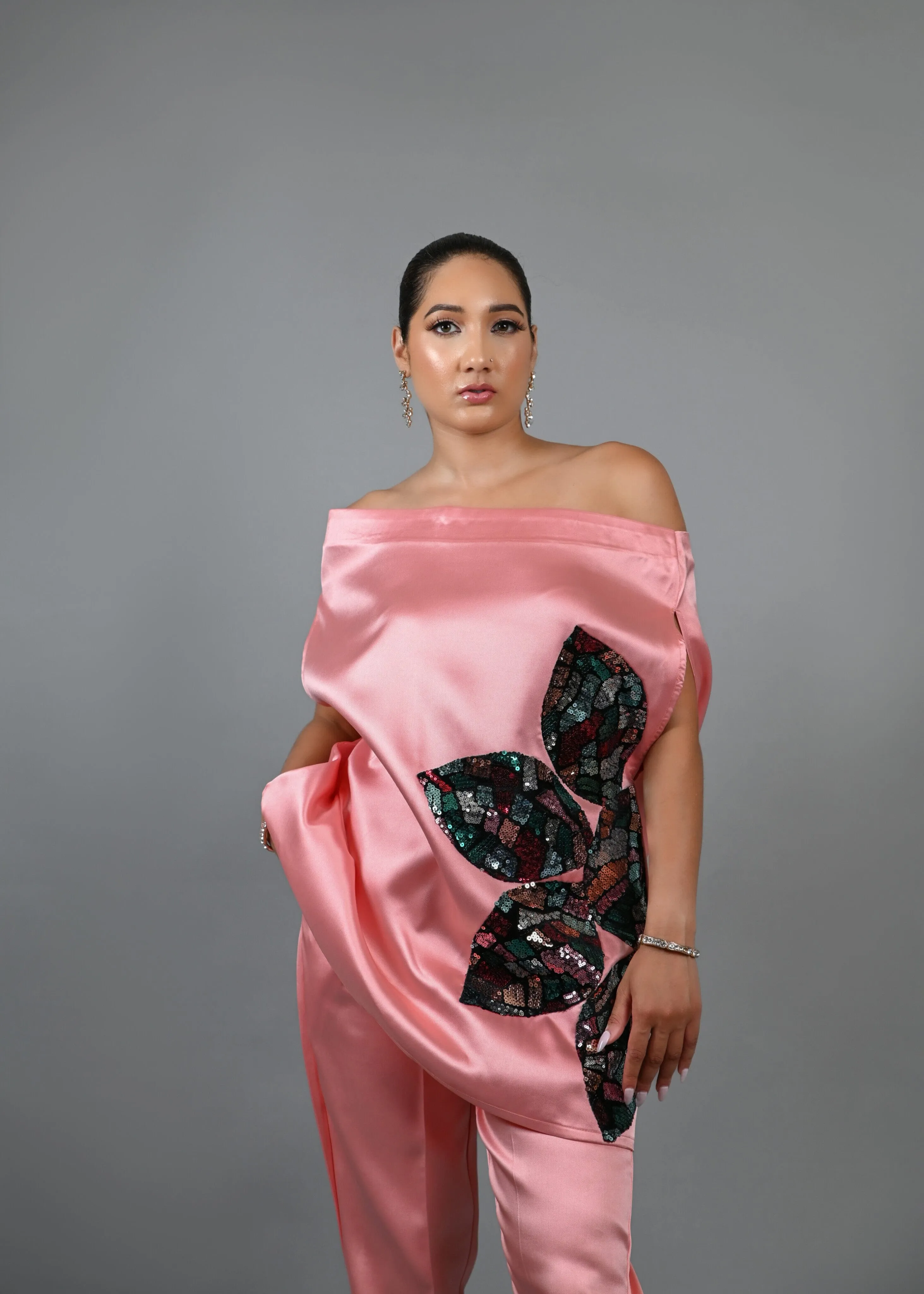 Goddess Pant set (Peach)  - Mikado silk with multicolor sequin