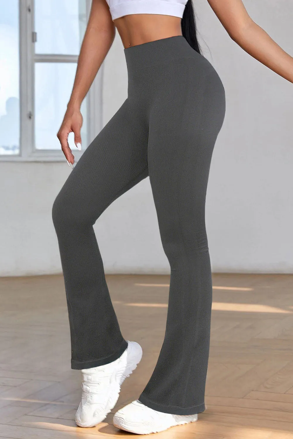 Gray Black High Waist Tummy Control Flared Sports Pants