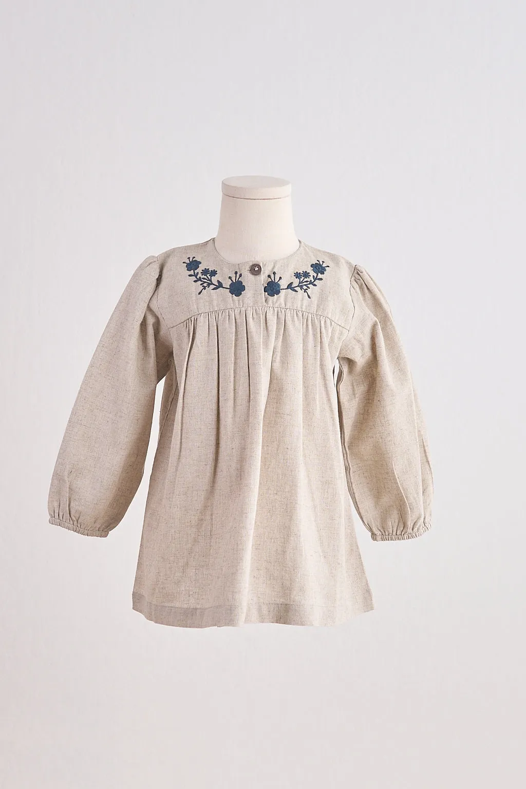 Gray Floral Embroidery Linen Girl Dress