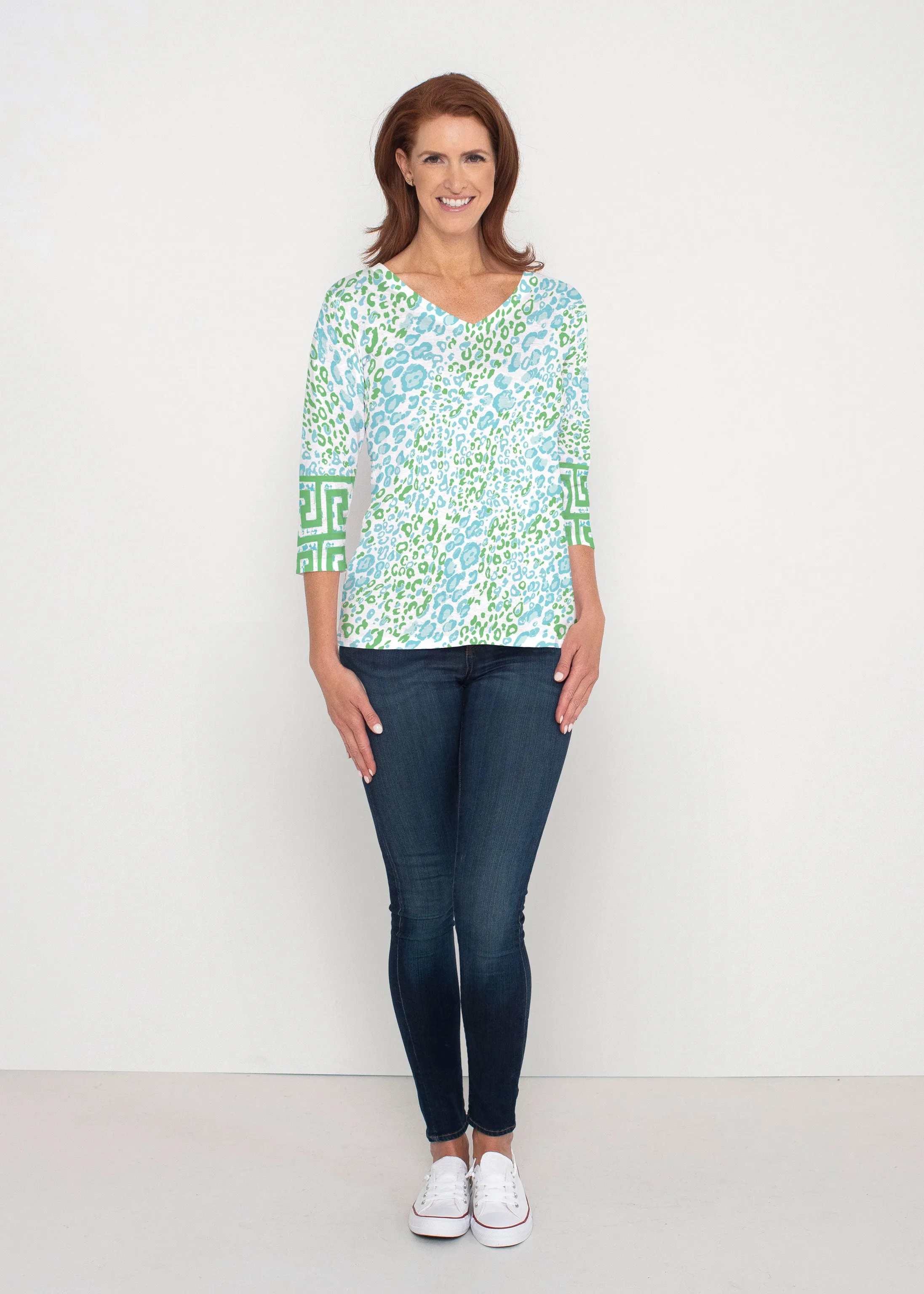 Greek Cat Green (7913) ~ Signature 3/4 Sleeve V-Neck Top