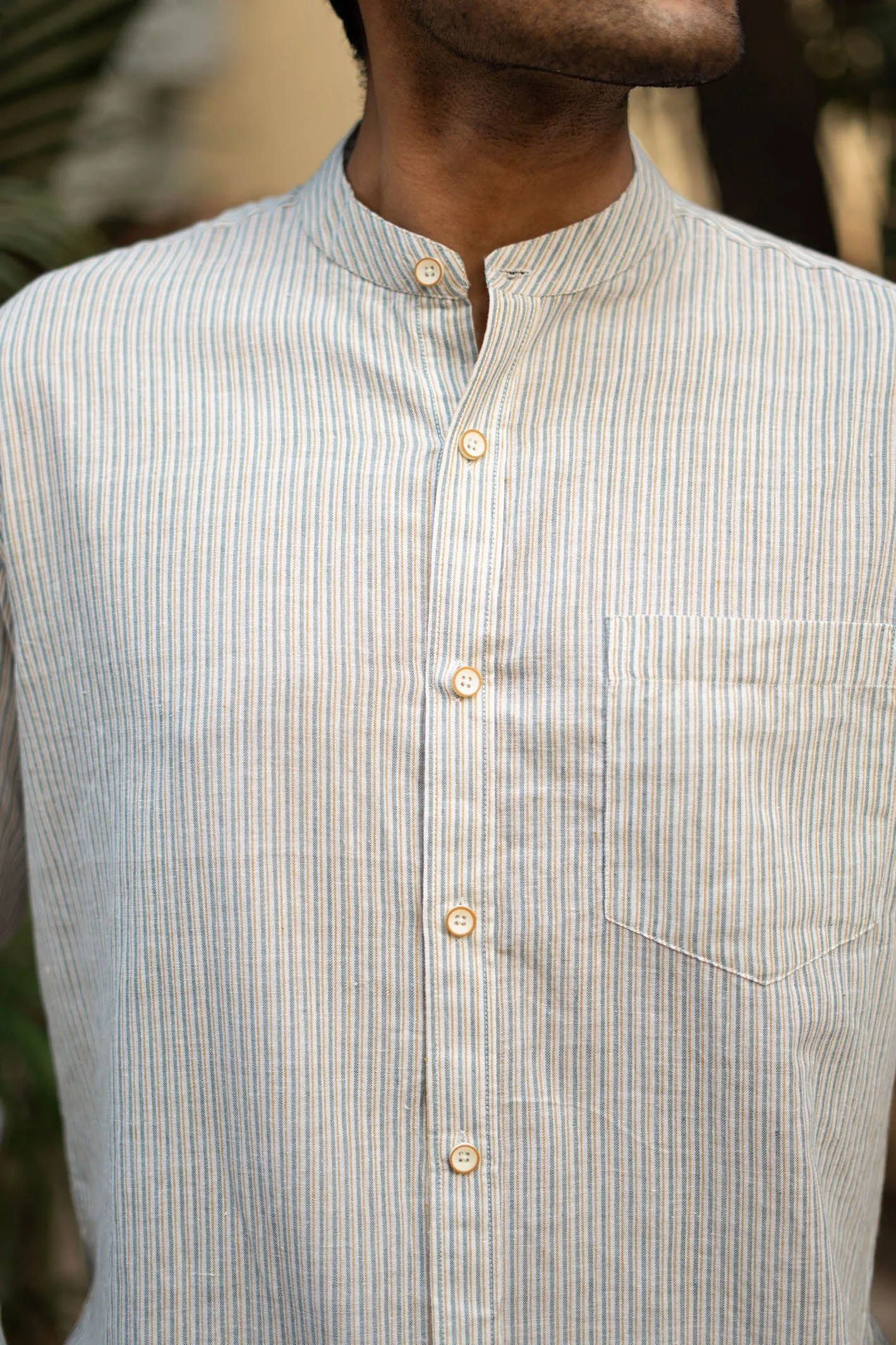 Green and Mustard Stripes · Mandarin Collar · Full Sleeve Shirt