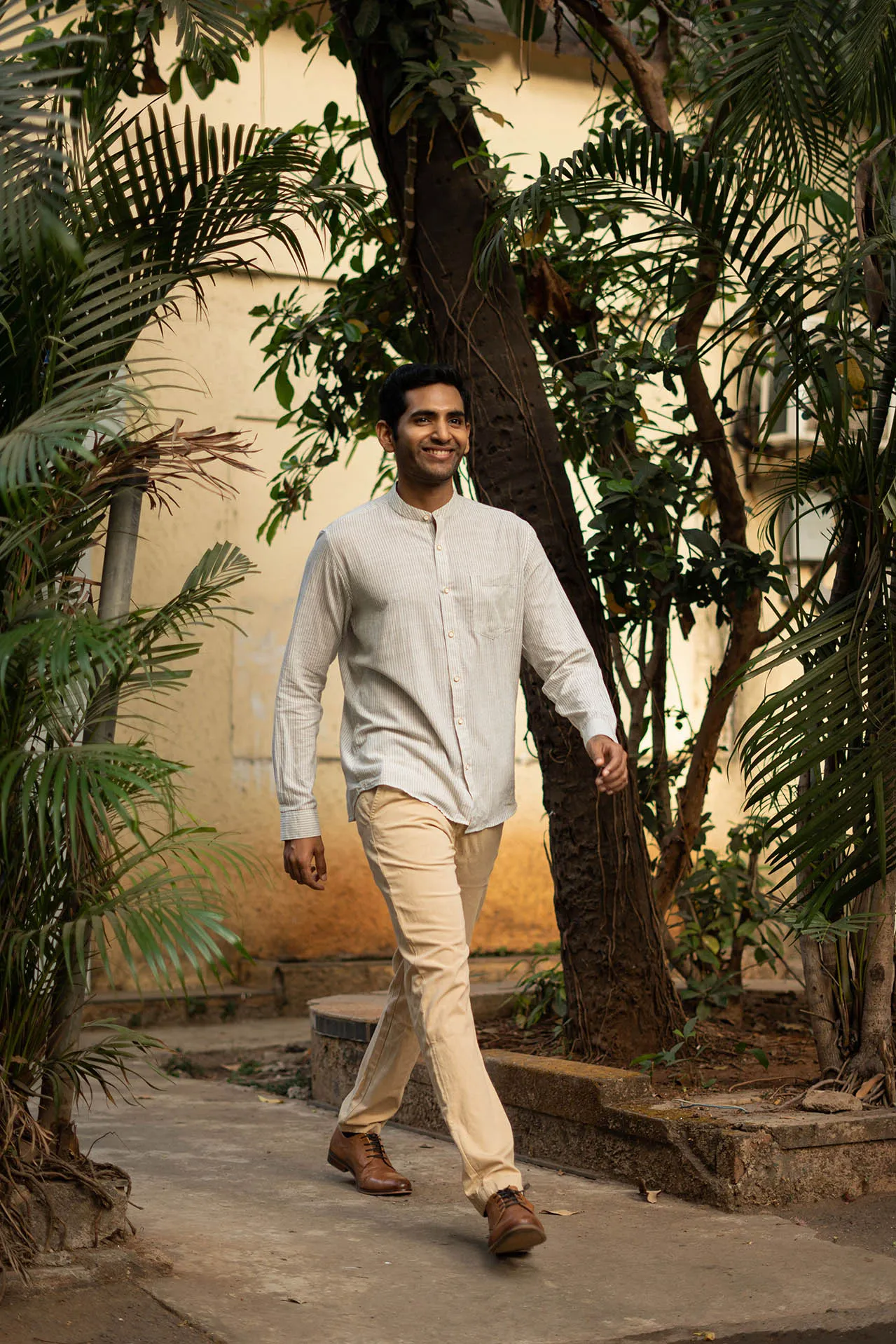 Green and Mustard Stripes · Mandarin Collar · Full Sleeve Shirt