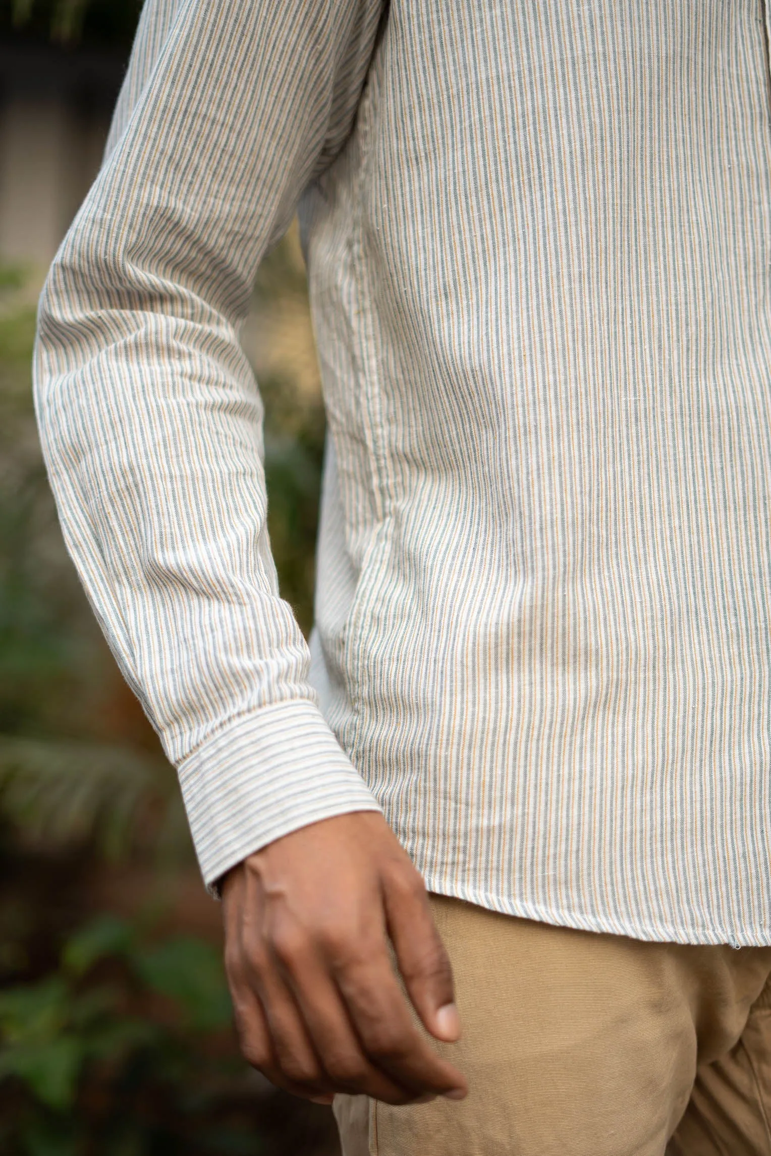 Green and Mustard Stripes · Mandarin Collar · Full Sleeve Shirt