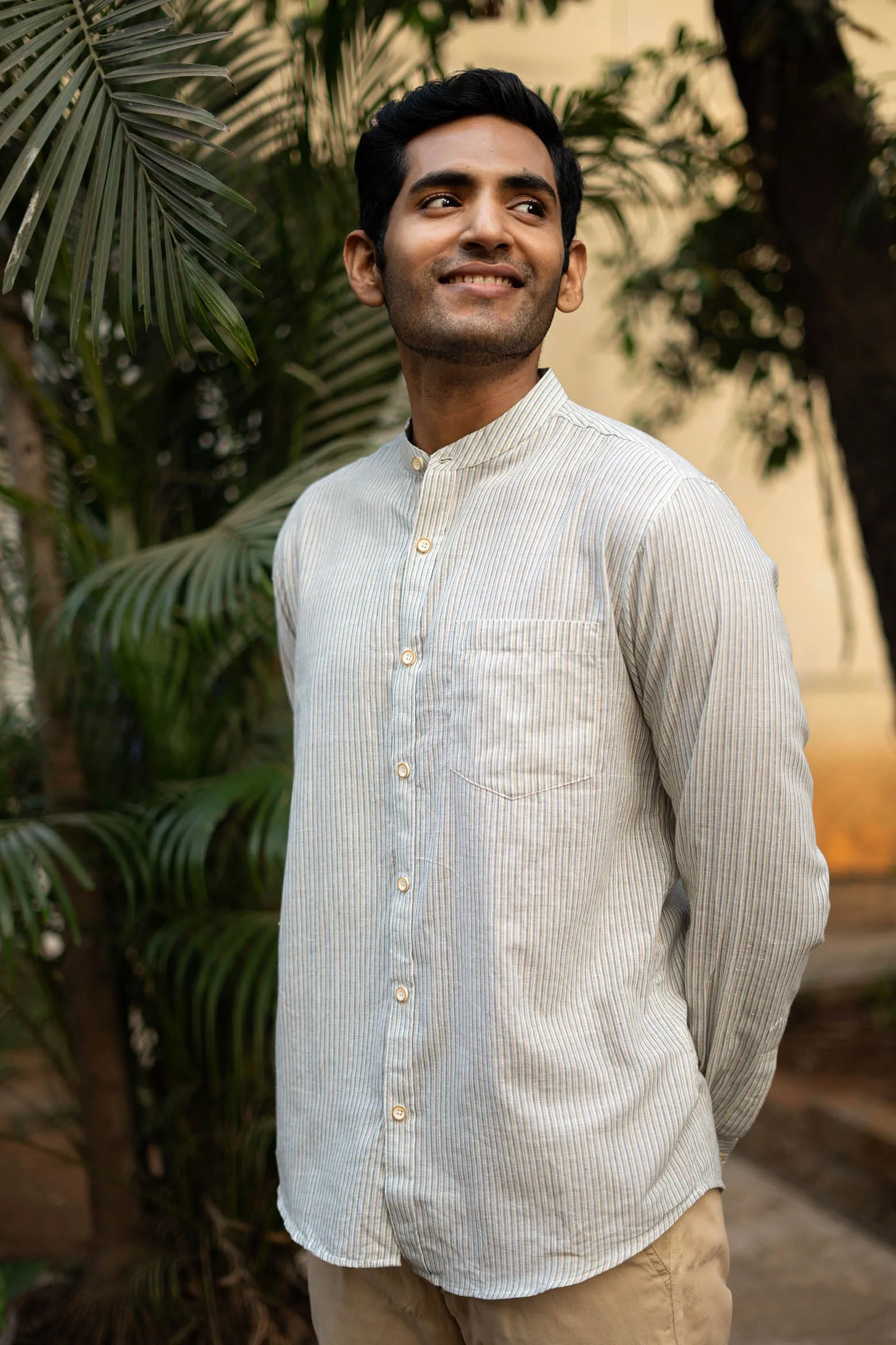 Green and Mustard Stripes · Mandarin Collar · Full Sleeve Shirt