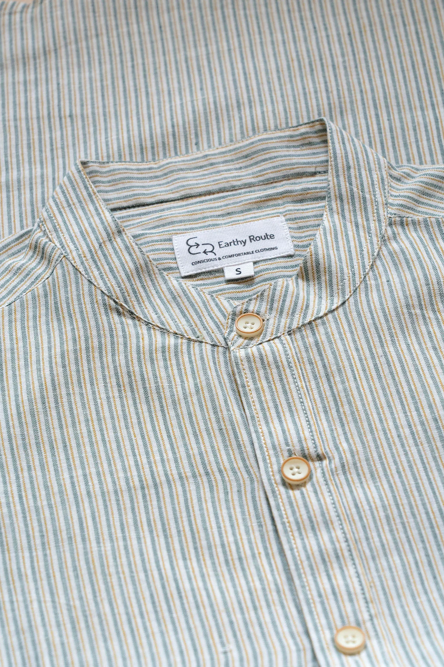 Green and Mustard Stripes · Mandarin Collar · Full Sleeve Shirt