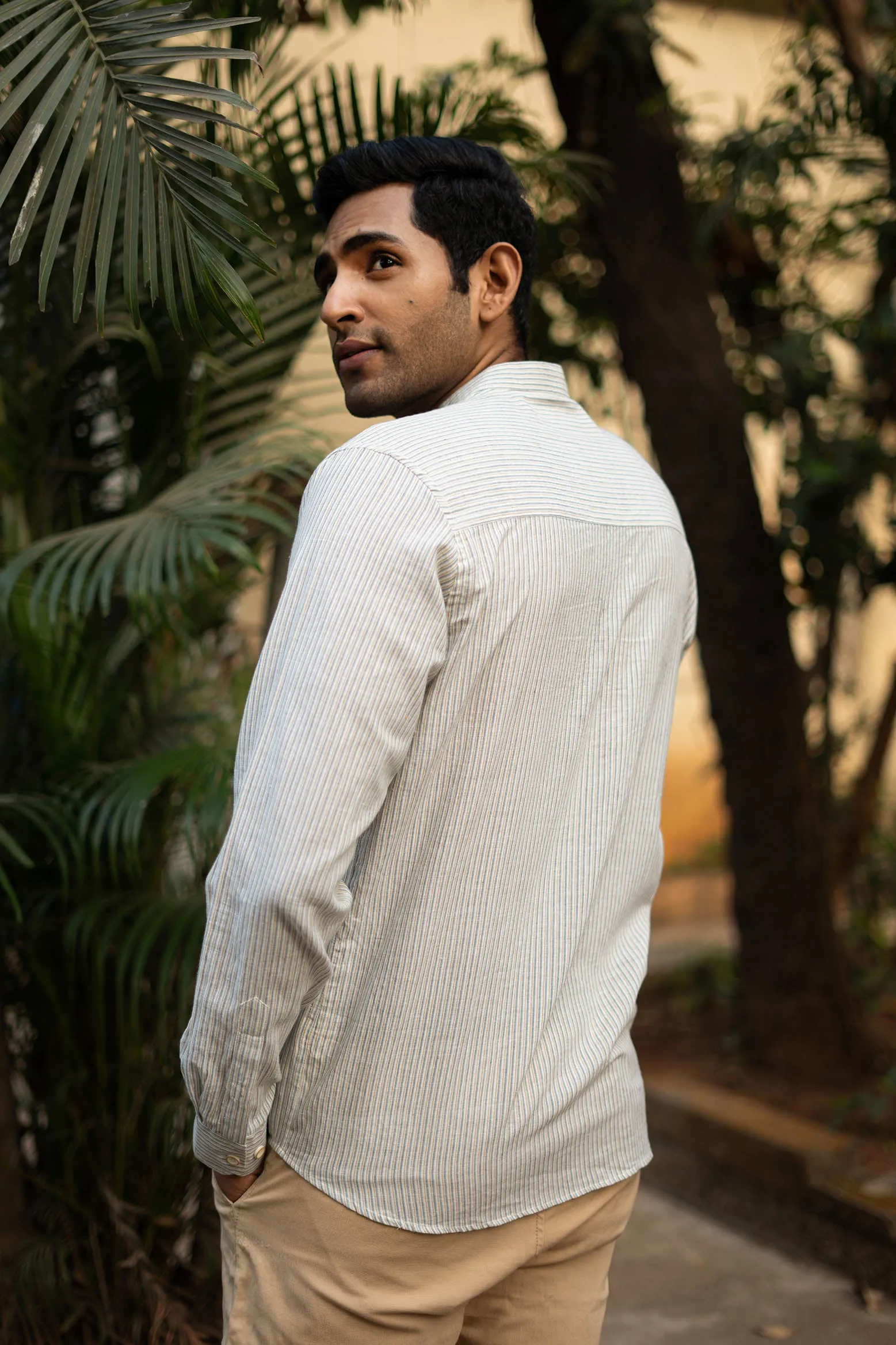 Green and Mustard Stripes · Mandarin Collar · Full Sleeve Shirt