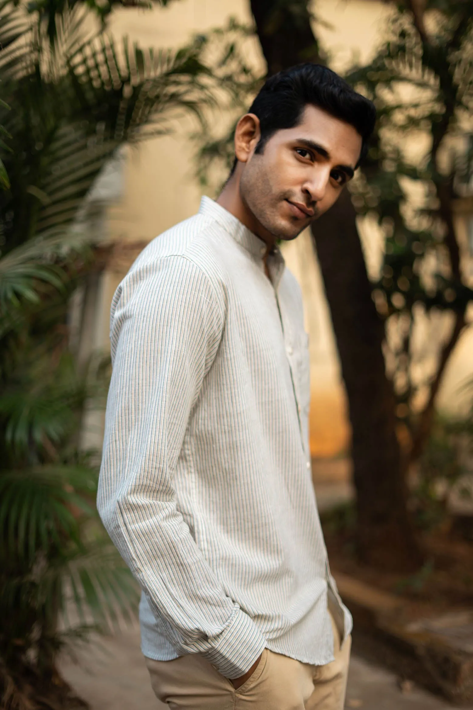 Green and Mustard Stripes · Mandarin Collar · Full Sleeve Shirt