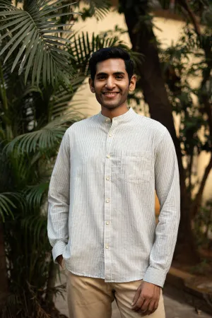 Green and Mustard Stripes · Mandarin Collar · Full Sleeve Shirt