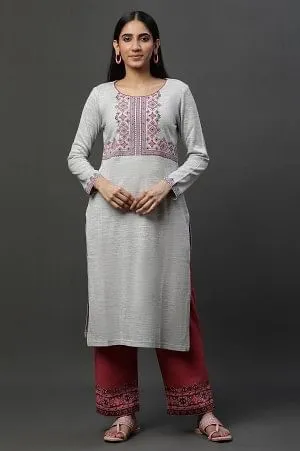Grey Yarn Dyed Printed Winter Kurta and Pants Set