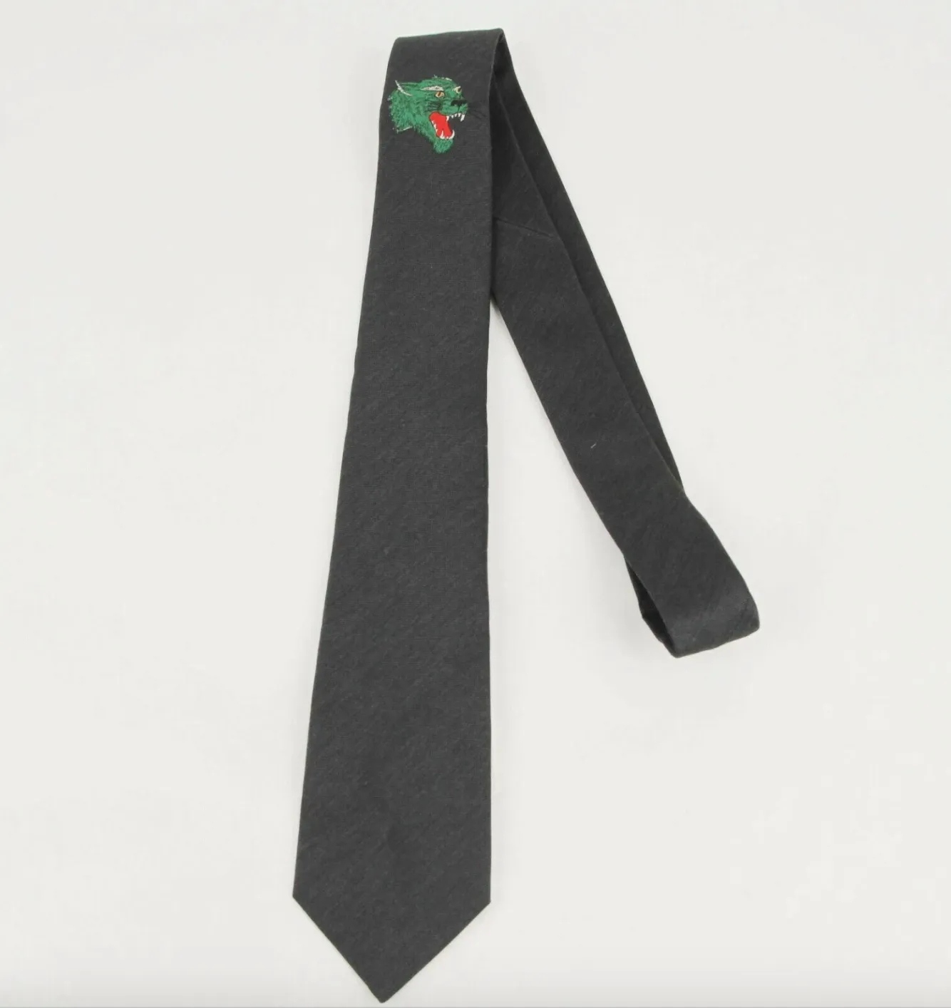 Gucci Green Embroidered Tiger Head Tie in Anthracite