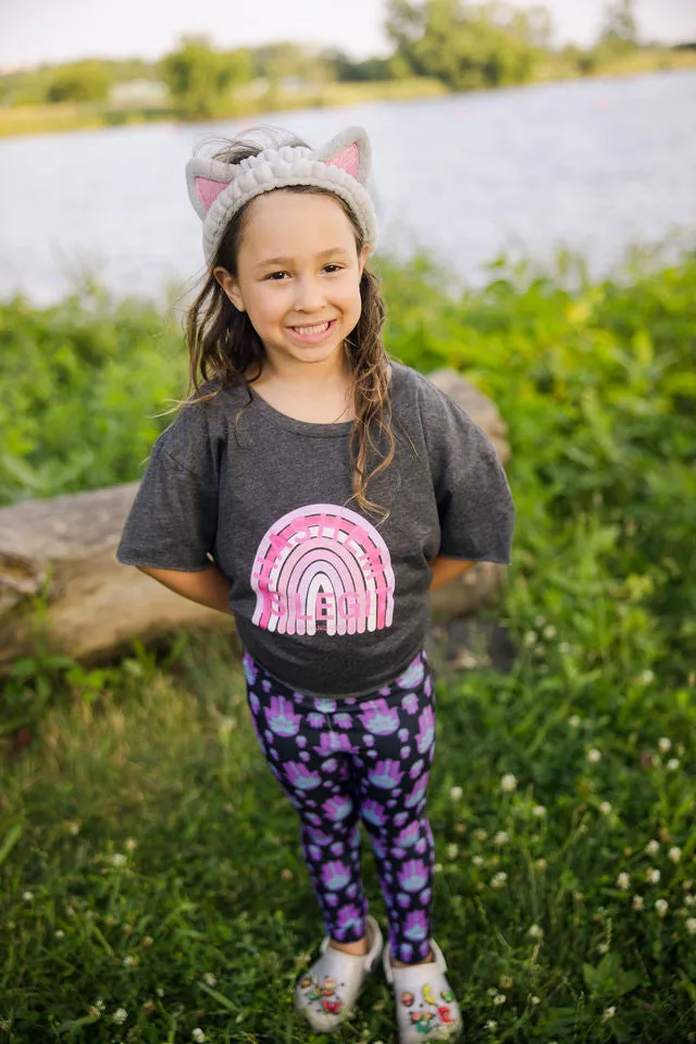 Hadas Bright Purple Hamsa Pattern on Black Kids Leggings