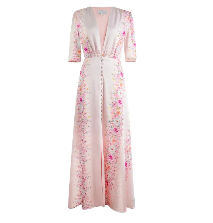 Haley V Neck Button High Elastic Waist Slit Slim Long Dress
