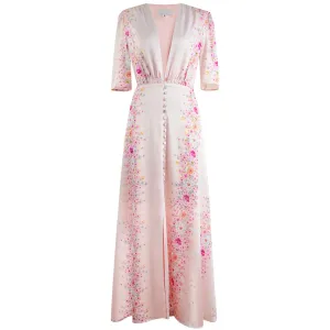 Haley V Neck Button High Elastic Waist Slit Slim Long Dress