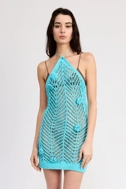 HALTER NECK CROCHET COVERUP DRESS WITH FLOWER DETAIL