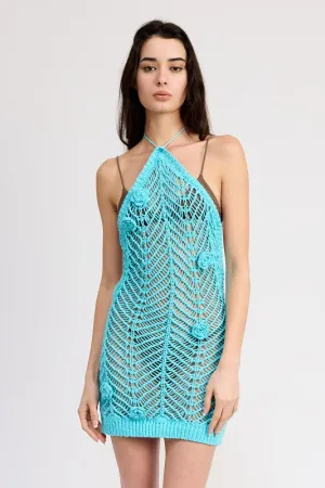 HALTER NECK CROCHET COVERUP DRESS WITH FLOWER DETAIL