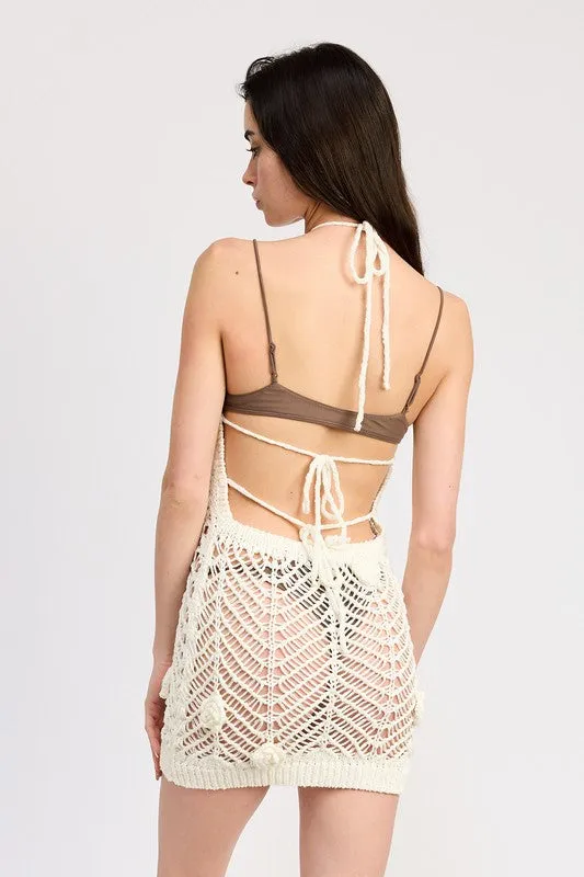 HALTER NECK CROCHET COVERUP DRESS WITH FLOWER DETAIL